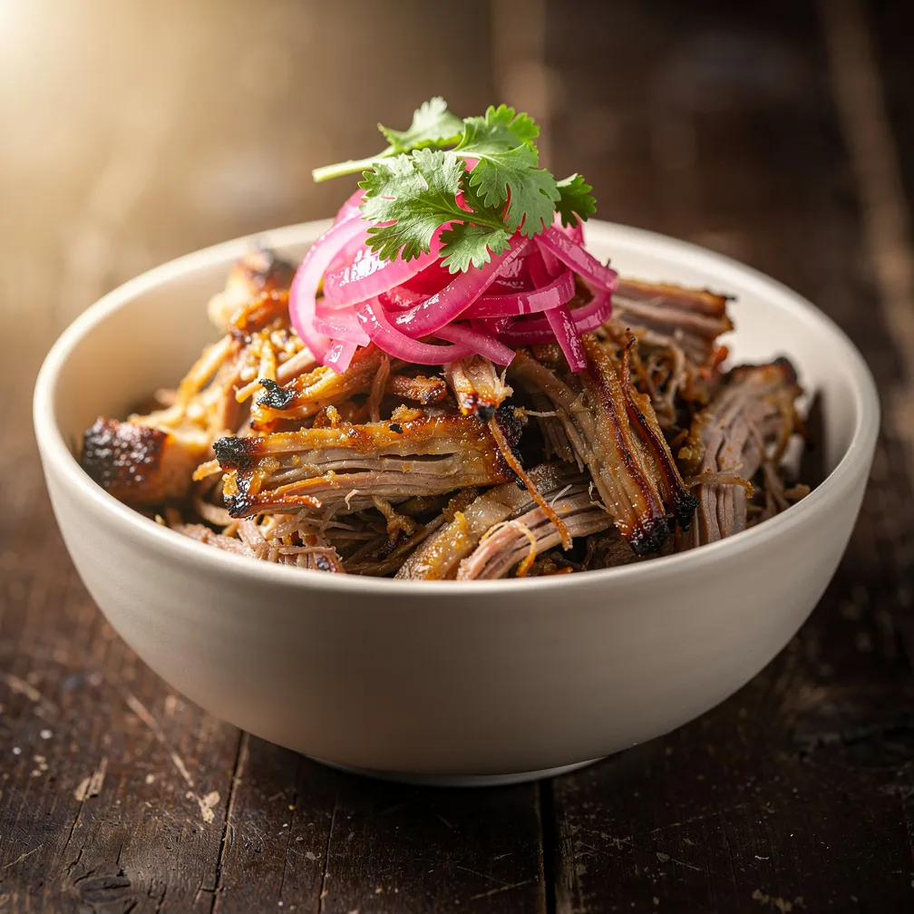 Shredded spicy pork shoulder topped with cilantro and pickled onions in a bowl