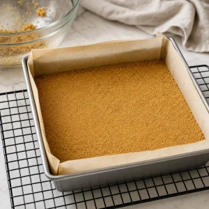 Baked graham cracker crust cooling in the lined square pan