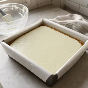Cheesecake filling smoothed over the baked crust