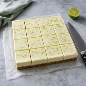Chilled cheesecake slab cut into 16 lime-topped squares