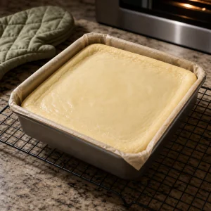 Freshly baked cheesecake cooling in the square pan
