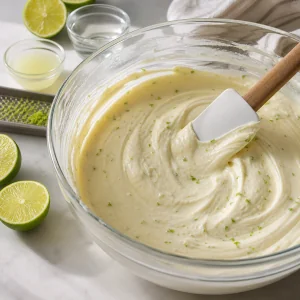 Smooth lime cheesecake filling in a mixing bowl