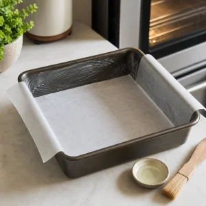 Square metal pan lined with parchment and ready for the crust