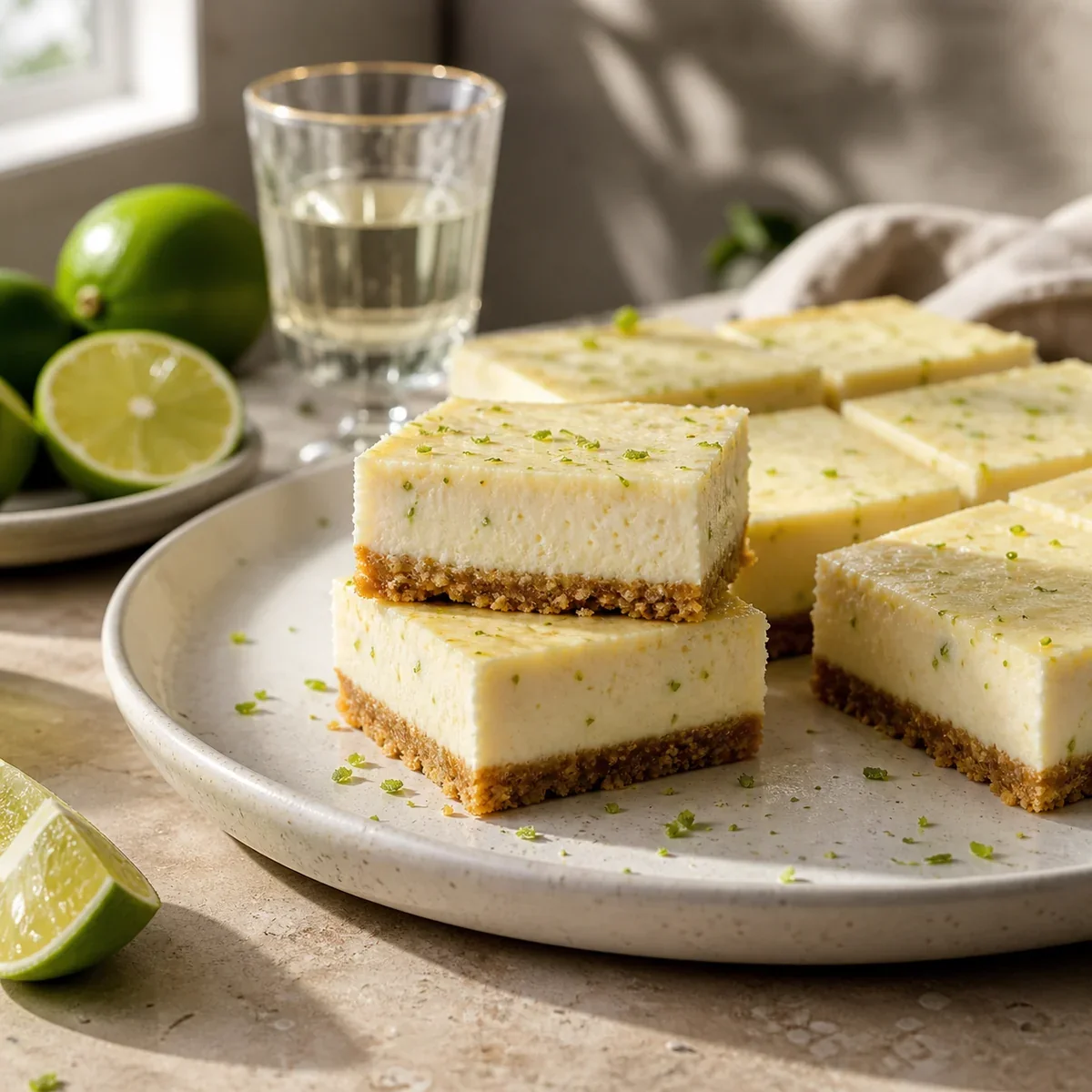 Tequila-lime cheesecake bars with lime zest on a graham cracker crust