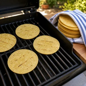Corn tortillas warming on the grill beside a towel-wrapped stack