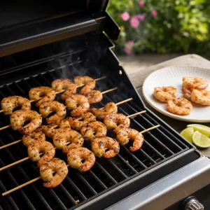 Lightly charred shrimp skewers cooking on an open grill
