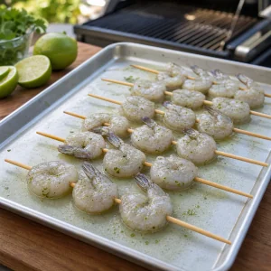 Raw marinated shrimp threaded onto wooden skewers