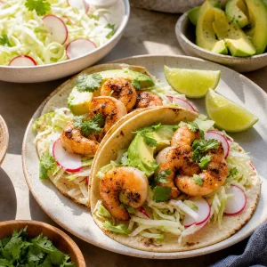 Shrimp tacos assembled with cabbage, avocado, cilantro, and lime