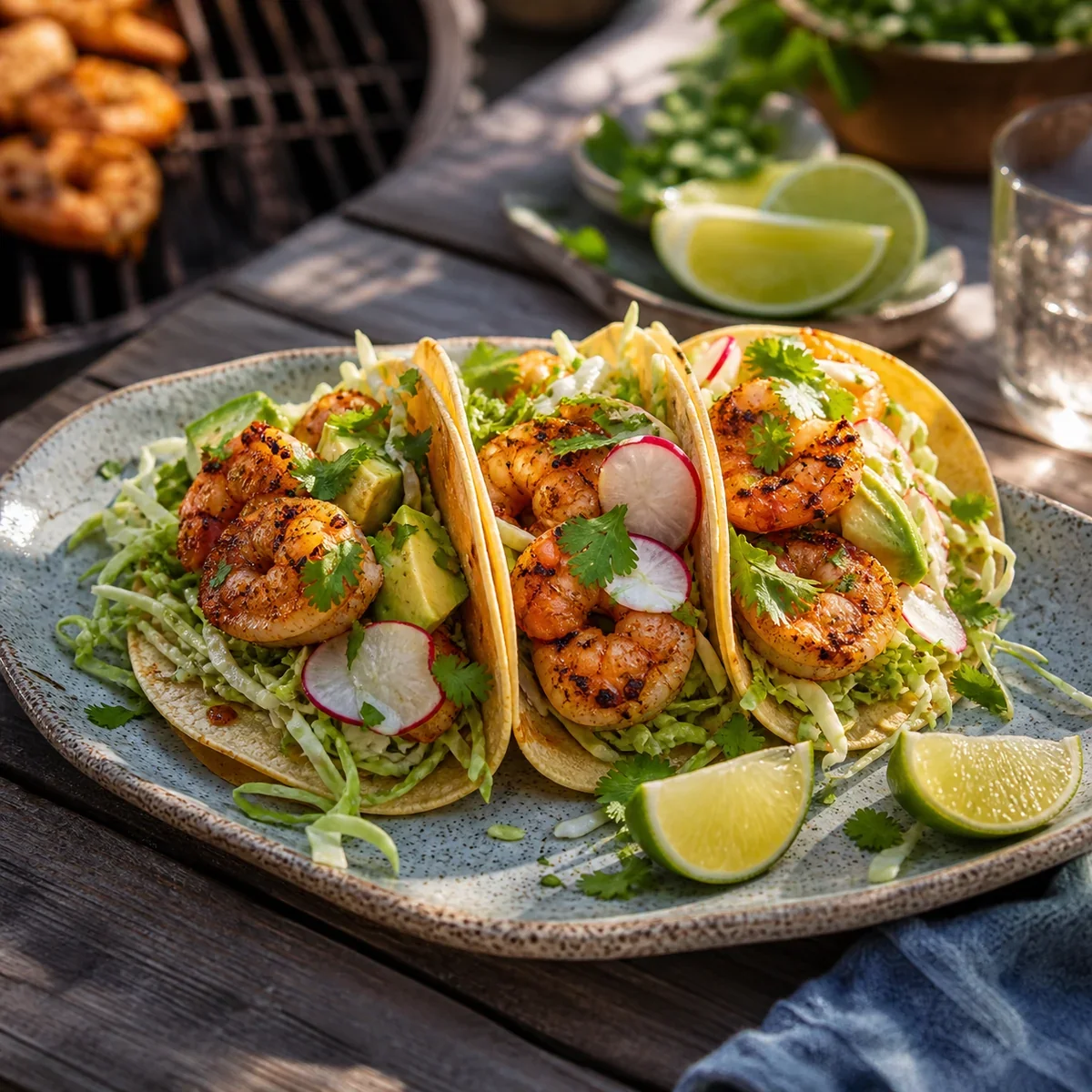 Tequila-lime grilled shrimp tacos with cabbage, avocado, radish, and cilantro