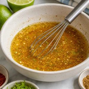 Tequila-lime marinade with spices and lime zest in a bowl
