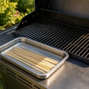 Wooden skewers soaking beside a clean preheated grill
