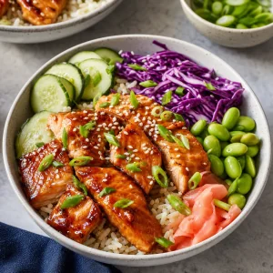 Готовый боул с лососем терияки посыпан семенами кунжута и нарезанным зеленым луком