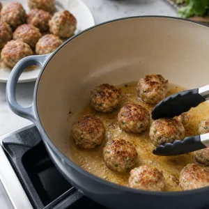 Chicken meatballs browning in coconut oil inside a Dutch oven.