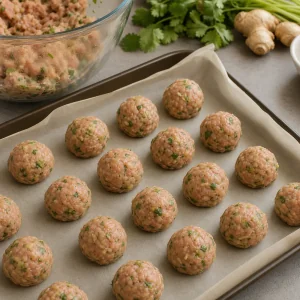 Small Thai chicken meatballs formed on a parchment-lined tray.