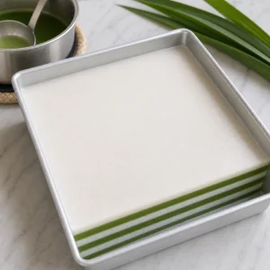 Couches alternées vertes de pandan et blanches de coco qui prennent dans un moule carré.
