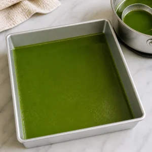 Première couche verte de gelée de pandan qui prend dans un moule carré.