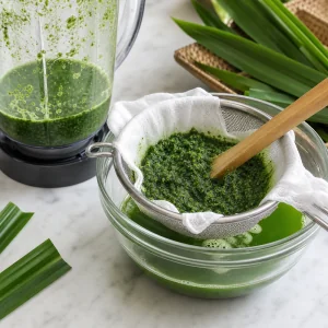 Feuilles de pandan fraîches filtrées pour obtenir un jus de pandan vert vif.