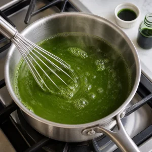 Mélange vert de pandan et agar qui mijote doucement en étant fouetté.