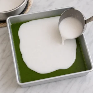 Mélange chaud de coco versé à la louche sur la première couche verte de pandan.