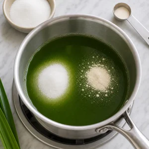 Jus de pandan, sucre et agar-agar au repos dans une casserole.