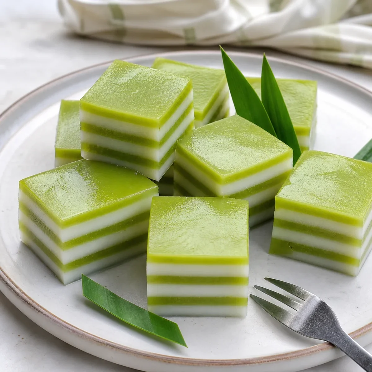 Carrés de gelée thaïe coco pandan avec des couches vertes de pandan et blanches de coco sur une assiette.