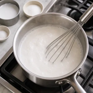 Mélange blanc de lait de coco et agar qui mijote et se fouette dans une casserole.