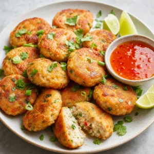 Golden Thai fish cakes served with sweet chili sauce and lime wedges.