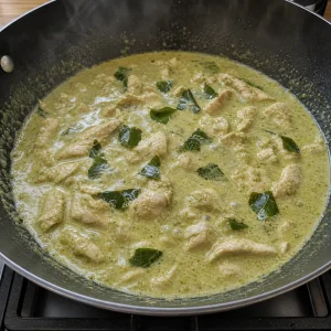 Chicken simmering in green coconut curry with lime leaves