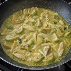 Eggplant and bamboo shoots simmering in green chicken curry
