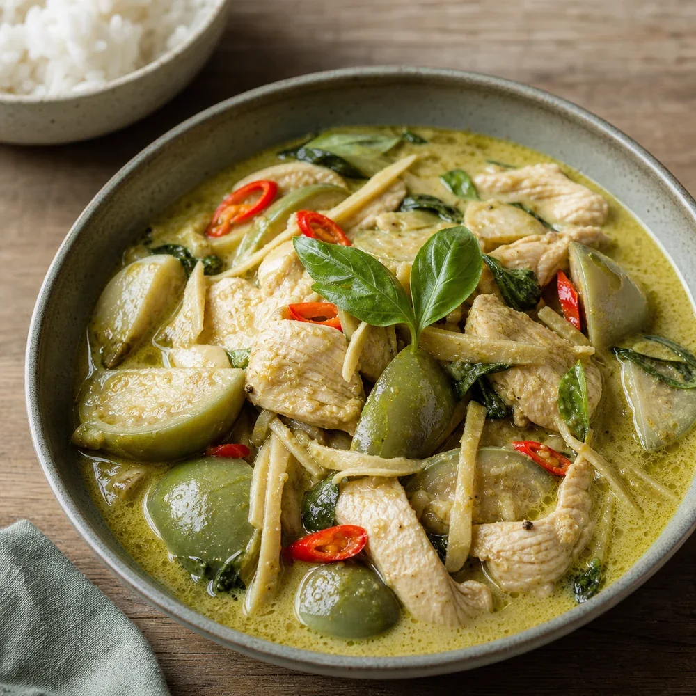 Finished Thai green curry chicken with eggplant and jasmine rice