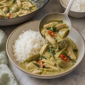 Green curry chicken ladled beside jasmine rice
