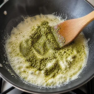 Green curry paste stirred into bubbling coconut cream