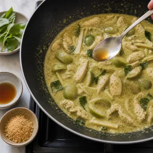 Green curry sauce being adjusted with fish sauce and sugar