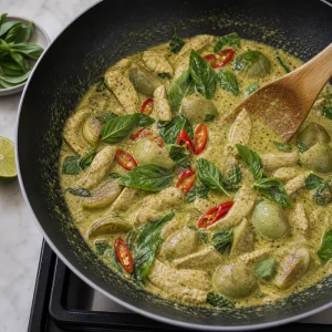 Thai basil and red chile stirred into green curry