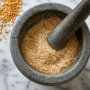 Coarse toasted rice powder in a mortar