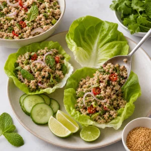 Larb gai spooned into lettuce leaves with cucumber and lime