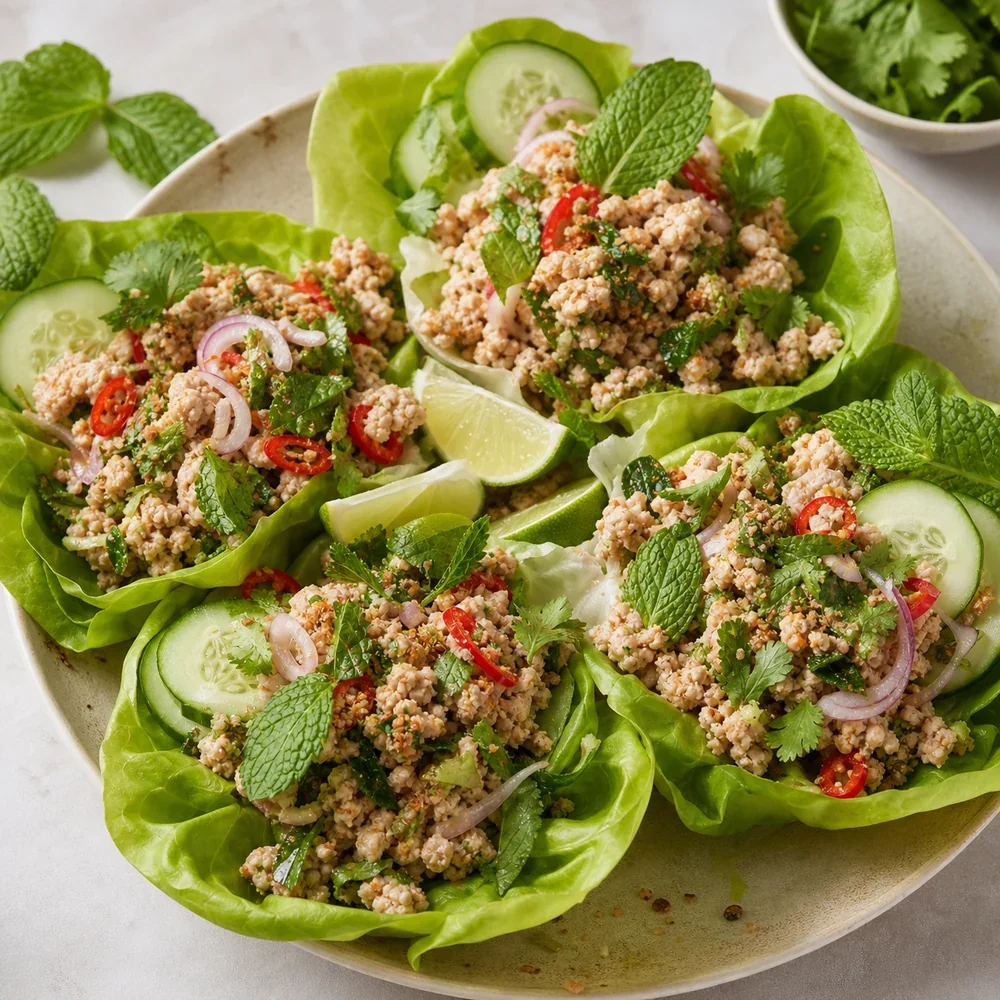 Thai larb gai served in lettuce cups with herbs and lime