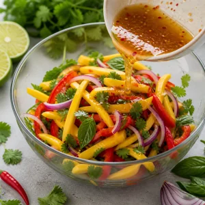 Dressing poured over mango salad in a glass bowl