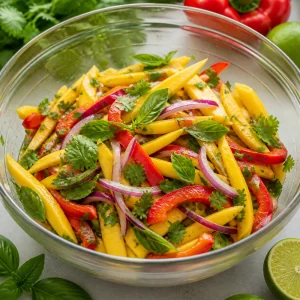 Mango salad ingredients combined in a glass bowl
