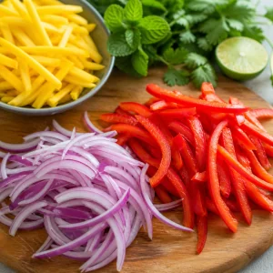 Red bell pepper and red onion sliced thinly
