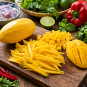 Ripe mango sliced into thin strips