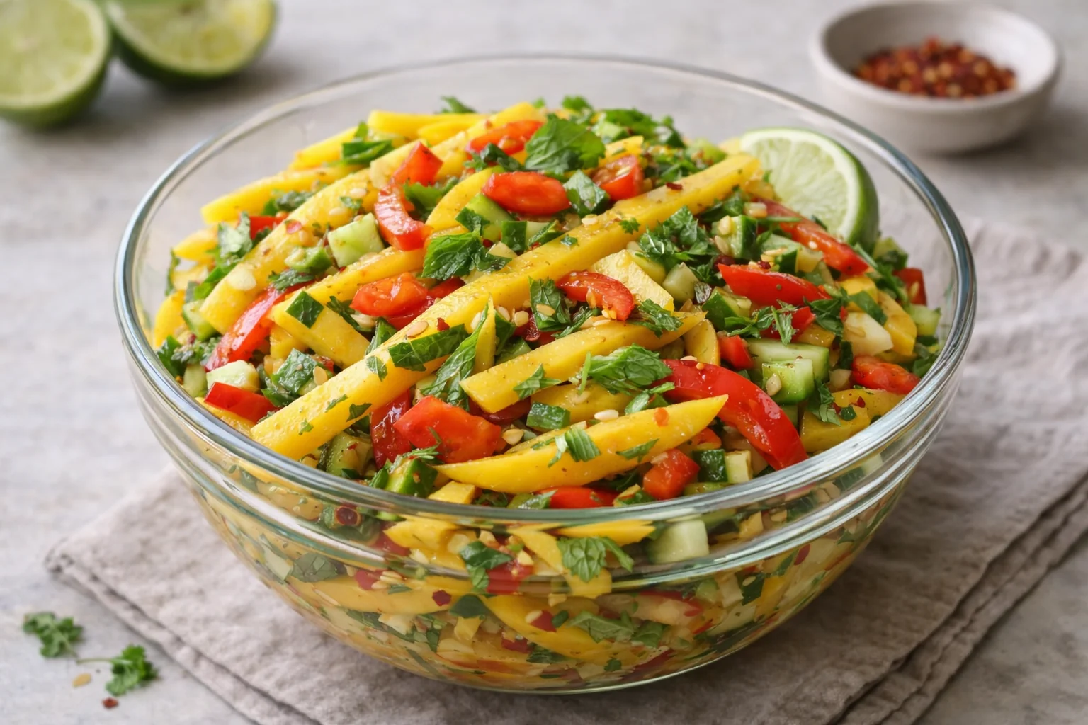 Thai Mango Salad in a Glass Bowl - Fresh, Sweet, and Tangy