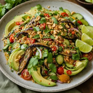 Salada de berinjela defumada finalizada com amendoim picado