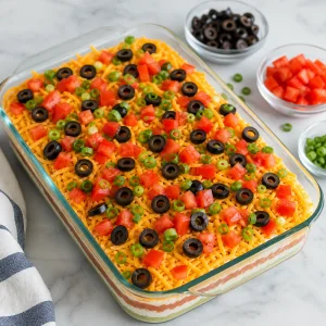 Black olives, diced tomatoes, and green onions topping the cheese layer