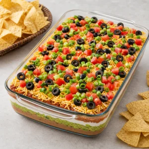Finished seven layer taco dip in a glass dish with tortilla chips