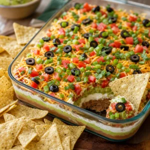 Finished seven layer taco dip served with tortilla chips