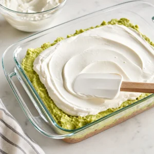 Smooth sour cream being spread over guacamole