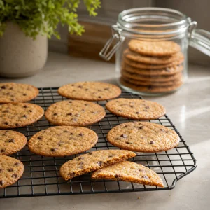 Abgekühlte knusprige Cookies, einer davon durchgebrochen