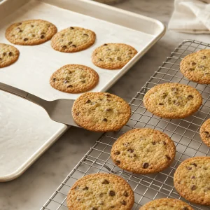 Frische Cookies werden vom Blech auf ein Gitter gelegt