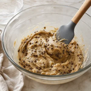 Kleine Schokotropfen in weichen Cookie-Teig gehoben
